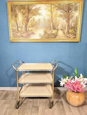 Vintage Cocktail Trolley Gold 3 Tier Tea Drinks Trolley Wheels Removal Top Tray • £60