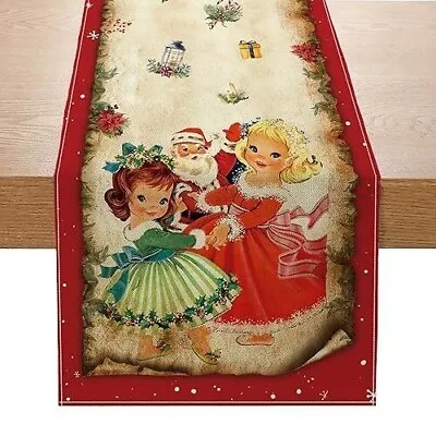 Vintage Christmas Table Runner Christmas Decorations - Red Vintage Style Santa  • $23.69