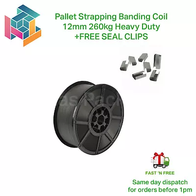 Pallet Strapping Banding Coil 12mm 260kg Heavy Duty + FREE METAL SEAL CLIPS • £27.99