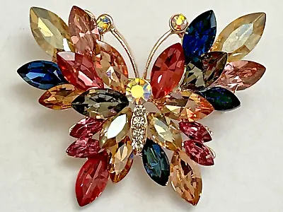 Butterfly Crystal Rhinestone Brooch Pin MultiColor Pink Glass Insect Vintage Bug • $13.99