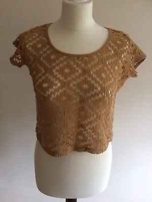 New Look -Crochet Style Cropped Short Sleeve Mustard Top - Size 8-label Size 10 • £2