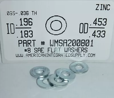 #8 SAE Flat Washers Steel Zinc Plated 3/16 IDx7/16 OD. Nominal (200) • £10.38