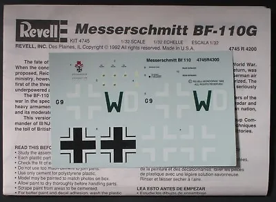 Revell 1/32nd Scale Messerschmitt Bf-110G2 - Decals From Kit No. 4745 • $12.99