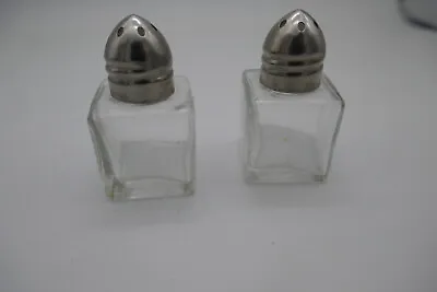 Vintage Small Square Glass  Salt & Pepper Shakers Silver Tone Tops • $10.95