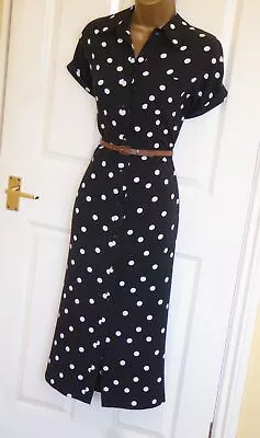 Black White Polka Dot Vintage WW2 40s 50s Midi Tie Shirt Tea Day Dress Sz 16 14 • £27