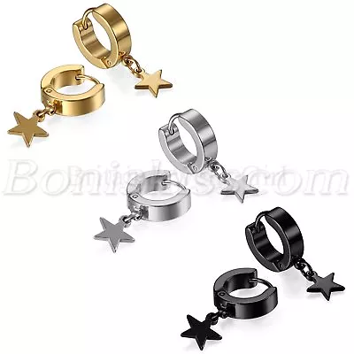 $7.99 • Buy Stainless Steel Drop Dangle Star Moon Charms Huggie Hinged Hoop Studs Earrings