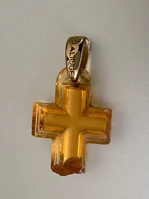 RARE French Vintage Cross Pendant By LALIQUE - GLASS Gold Tone Metal • $99