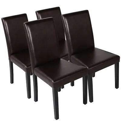 Set Of 4 Dining Chairs High Back PU Leather Kitchen Chair Modern Wood Legs Home • £102.98