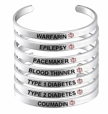 Medical Alert Cuff Bracelet Wristband Diabetes Epilepsy Stainless Steel Bangles • $9.88