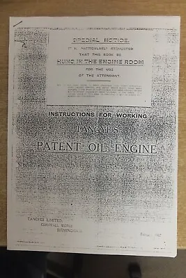 Tangye Patent Oil Stationary Engine Instructions Photo Copy Of Instruction Book • £4.99