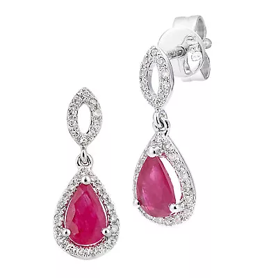 18ct White Gold Jewelco London 12pts Diamond Pear 1ct Ruby Cluster Drop Earrings • £492.99