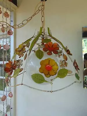 1970's Boho Chic Mod METAL TOLE FLOWERS HANGING SWAG LAMP W/globe • $50