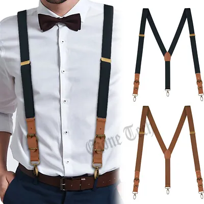 Mens Suspenders Adjustable Elastic Leather Y-Shaped Hooks Pants Braces Solid • $8.91