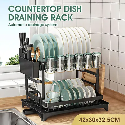 2 Tier Dish Drying Rack Plate Drainer Cutlery Holder Kitchen Organizer Storage • $39.95