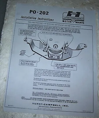 Hurst P0-202 Motor Mount Instruction 1955 To 1960  Pontiac  287 316 347 370  389 • $8