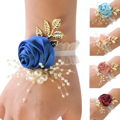 Wedding Women Ladies Bridesmaid Wrist Flowers Party Corsage Bracelet Hand Flower • £3.23