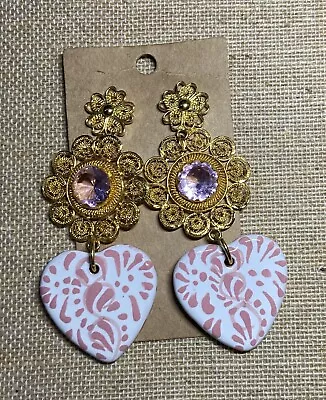 Mexican Filigree Earrings  With Talavera Heart Handmade From Oaxaca • $45