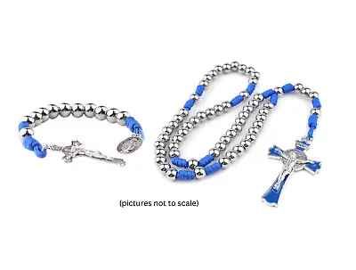 Blue Paracord Five Decade & One Decade Rosary 8mm Stainless Steel Beads Men's • $22.99