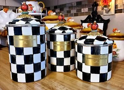 MacKenzie Childs Courtly Check Canister Set Retired Black And White • $200