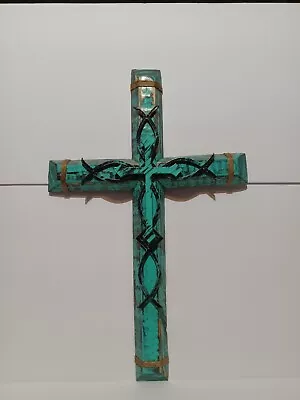 Handmade 18'x 11 1/2' Distressed Teal Decorative Wooden Hanging Wall Cross • $25