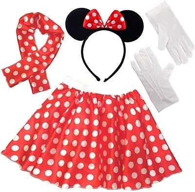 LADIES TUTU+ EARS Headband+ Gloves+ Neck Tie Red Polka Dot Skirt Fancy Dress  • £18.30