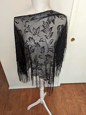 Vintage Black  Lace Poncho With Fringe • $18