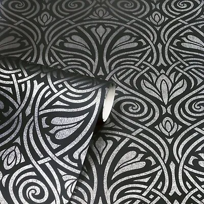 £10.99 • Buy Arthouse Charcoal Black Silver Grey Damask Textured Heavyweight Vinyl Wallpaper 