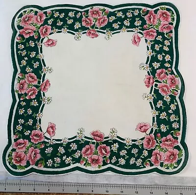 Vintage 13” Purple And White Flowers On A Dark Green  Linen Handkerchief  • $5.99