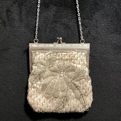 Vtg Safran Ivory Beaded Cha Cha Shoulder Bag Chain Handle Kiss Lock Formal EUC • $14.99