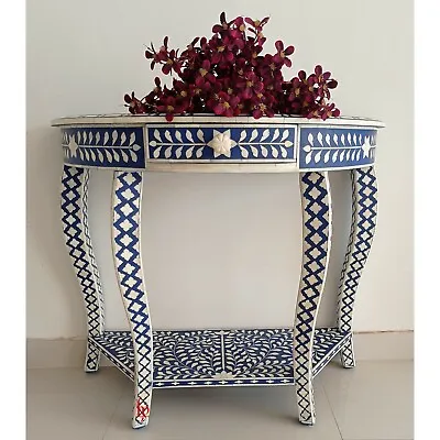 Handmade Bone Inlay Semi Round Floral Pattern Console Table For Home And Office • $1399.99