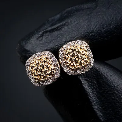 Men's 0.20Ct 14K Yellow Gold Square Nugget Iced Natural Diamond Stud Earrings • $310.99