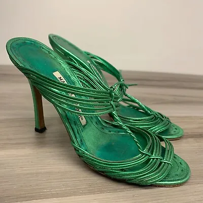 Manolo Blahnik HIDA Metallic Leather Slides High Heels Green Shoes 38 US 8 • $227.39