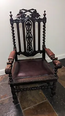 Antique Large Carved Dark Oak Carver Throne Armchair Chair Leather Upholstery • £249