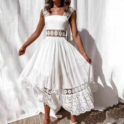 Women Maxi Dress Long Holiday Boho Lace V Neck Ladies Short Sleeve Summer NEW • $24.64