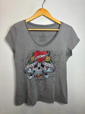 Ed Hardy T-Shirt  Rhinestone V Neck Skulls Heart Girls Junior Size XL Gray 090 • £15.83