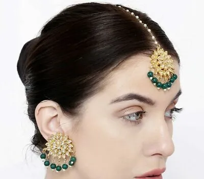 Indian Bollywood Partywear Green Maang Tikka Earrings Set Ethnic Fashion Jewelry • $19.79