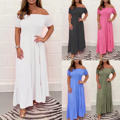 Summer Ladies Off Shoulder Stretchy Maxi Holiday Dress Beach Long Ruffle Dresses • £17.94