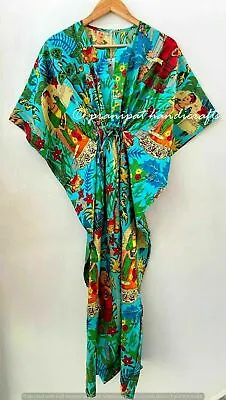 Indian Turquoise Long Frida Kahlo Print Cotton Maxi Nightwear Women Caftan Dress • $22.55
