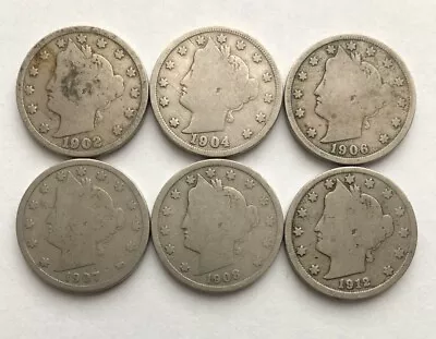 Lot Of 6 Liberty V Nickels 1902 1904 1906 1907 1908 1912-D • $0.01