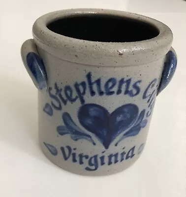 Rowe Pottery Works Salt Glazed Crock 1998 Blue Heart Stephens City Virginia 4” • $24.95