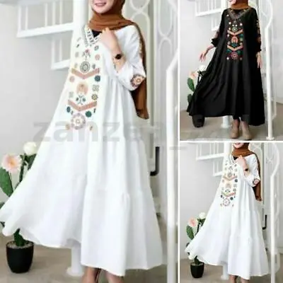 Womens Bohemian Long Sleeve V Neck Baggy Floral Holiday Ethnic Kaftan Maxi Dress • $32.95