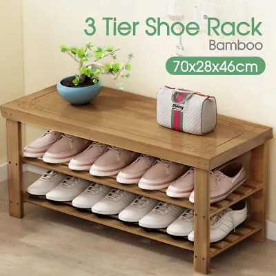 $34.69 • Buy Bamboo 3 Tier Shoe Rack Wooden Storage Shelf Stand Bench Cabinet Organize