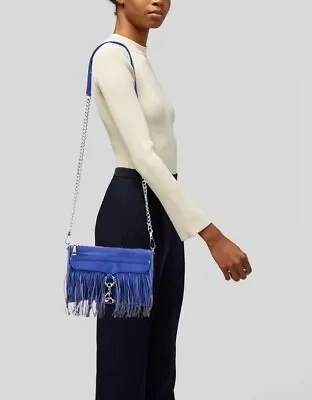 Rebecca Minkoff Fringed Mini Mac Blue Leather Crossbody Clutch Bag Silver Chain • £70.45