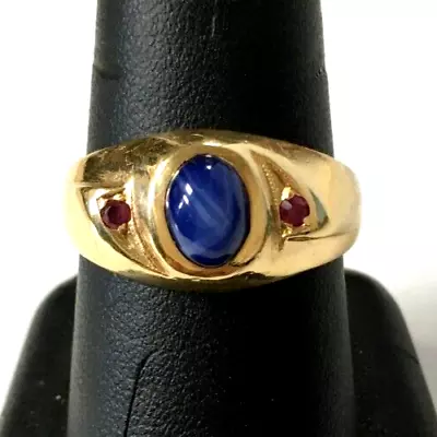 (MA6) Men's 18k Yellow Gold 6.7g Star Sapphire & Red Stone Ring - Size 9.25 • $699.50