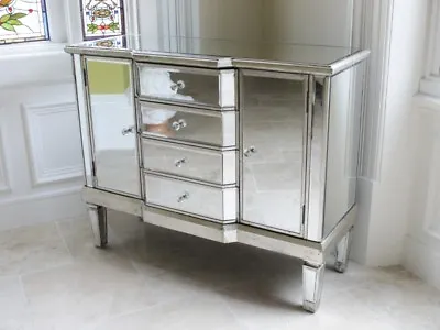Venetian Bow Mirrored Cabinet Silver Glass Bedroom Cabinet With 4 Drawers 3692 • £269.99