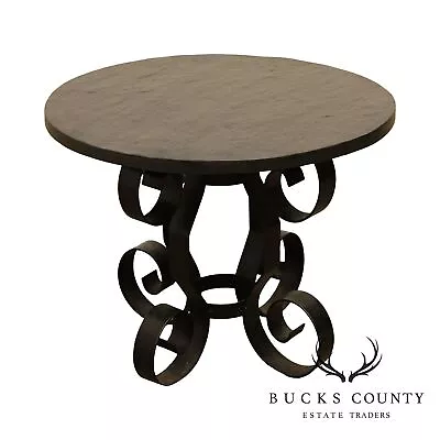 Mid Century Wrought Iron 20 Inch Round Slate Top Side Table • $365