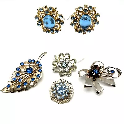 Vintage Costume Jewelry Lot Of BLUE RHINESTONE Pins Brooch Earrings • $52.82