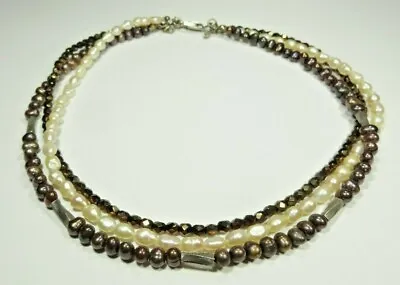 Vintage 3 Strand Freshwater Pearl & Crystal Necklace Sterling Silver  925 • $22.93