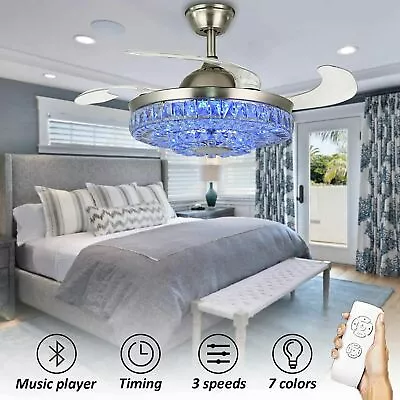 42  Bluetooth Led 7-Color Chandelier Crystal Ceiling Fan W/Remote+Music Player • $211.75