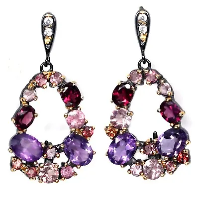 $310.20 • Buy Purple Unheated-Amethyst Rhodolite-Garnet Sapphire Drop-Earrings 925 Silver